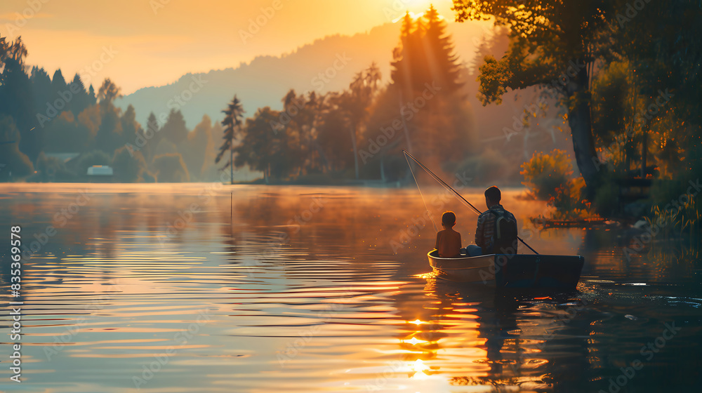 Two people boating on lake at sunset. Generative by AI Two people boating on lake at sunset. Generative by AI