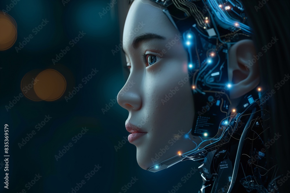 Close-Up of a Futuristic Female Cyborg with Blue Eyes and Advanced Technology - Perfect for Sci-Fi, Robotics, and Artificial Intelligence-Themed Designs and Projects Close-Up of a Futuristic Female Cyborg with Blue Eyes and Advanced Technology - Perfect for Sci-Fi, Robotics, and Artificial Intelligence-Themed Designs and Projects