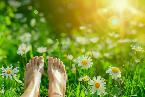 Fototapeta Naklejka Na Ścianę i Meble -  Legs of relaxing girl lying on the spring blooming meadow.