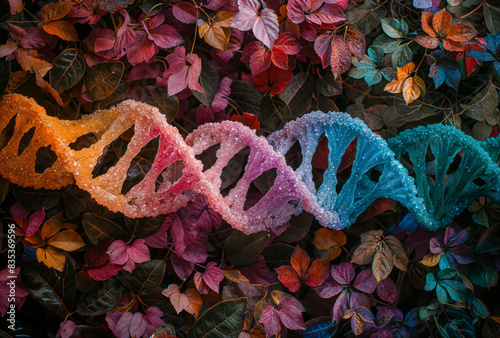 Multicolored Dna strand surrounded by leaves and plants. 