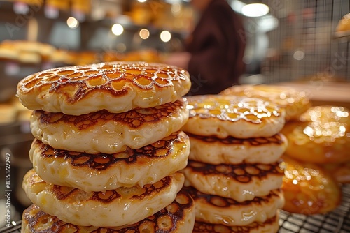 A closeup of mouthwatering crumpets on an industrial kitchen counter photo