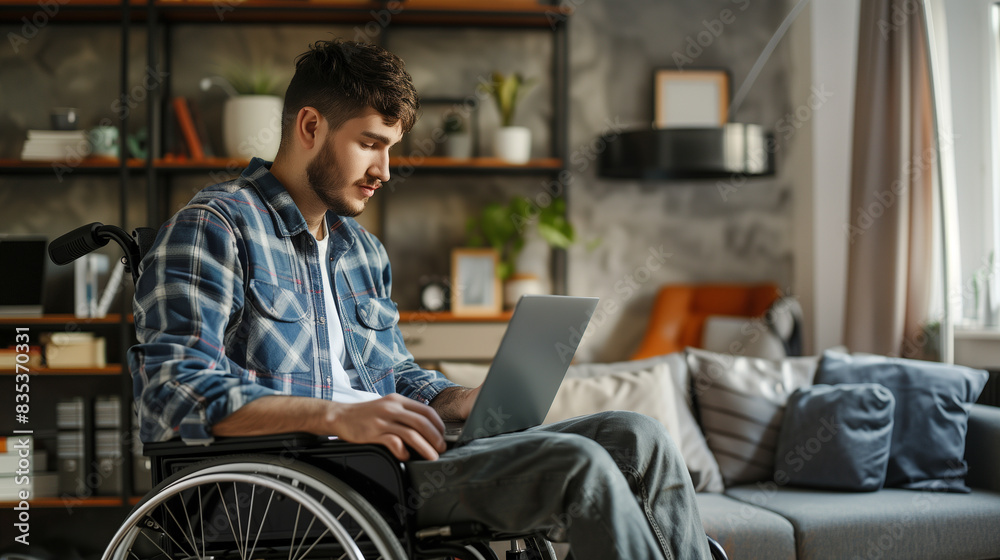 Man in a wheelchair in a modern home office working with a laptop Man in a wheelchair in a modern home office working with a laptop