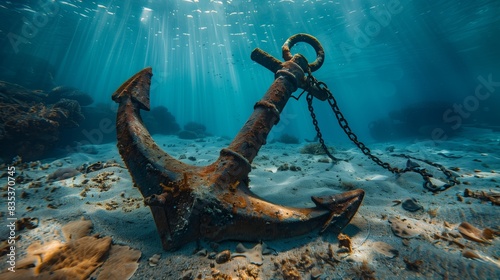 Old rusty anchor with chain lying on the sea floor. Underwater photography, light rays, ocean bottom, coral reef and sand in background. Metal anchor lies on the ocean floor among a coral reef.