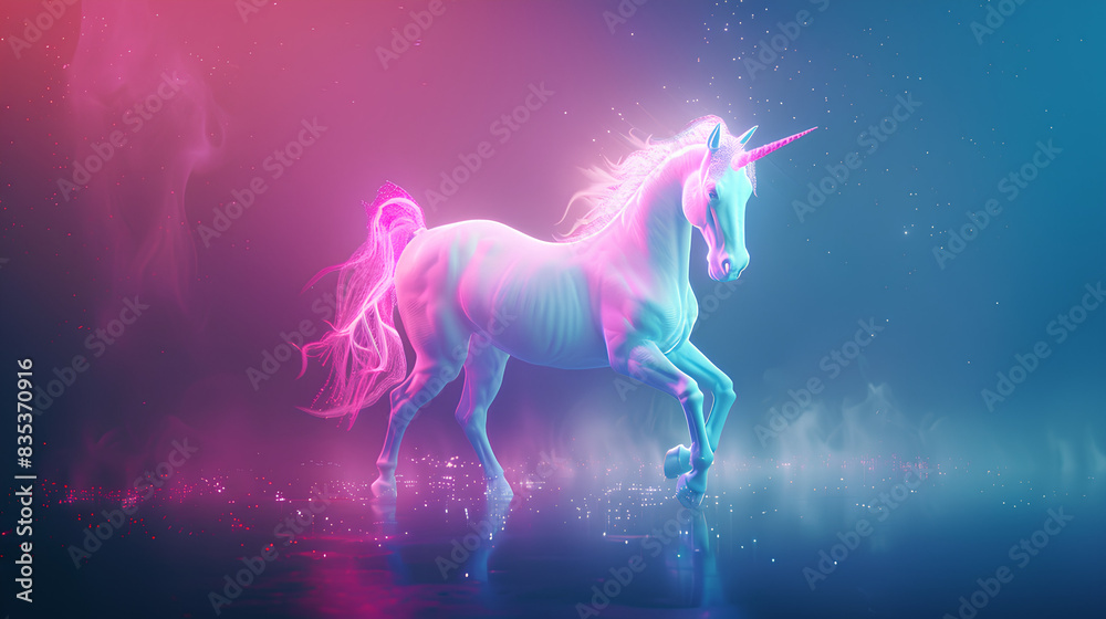 A beautiful unicorn in the style of neon lights, dreamy and ethereal, with light pink, dark cyan and indigo colors, in a jumping pose, against a glowing background A beautiful unicorn in the style of neon lights, dreamy and ethereal, with light pink, dark cyan and indigo colors, in a jumping pose, against a glowing background
