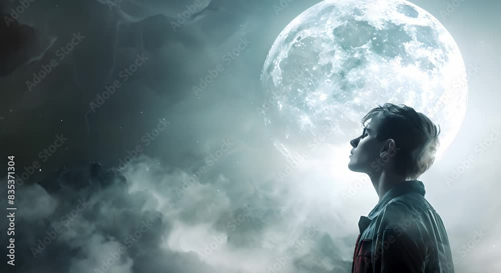 Dreamer looks at moon envisioning possibilities beyond Earths atmosphere with ambition. Concept Space Exploration, Dreaming Big, Ambition, Moon Gazing, Imagining Beyond Earth
