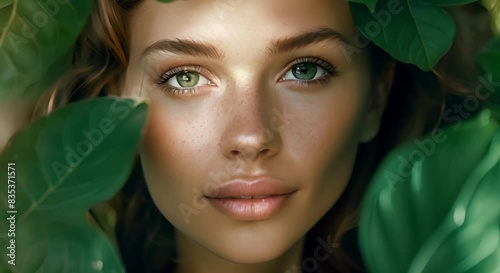 Portrait of a woman with green leaves around her face symbolizing sustainability. Concept Nature Portrait, Sustainable Concept, Green Leaves, Female Model, Environmental Symbolism photo