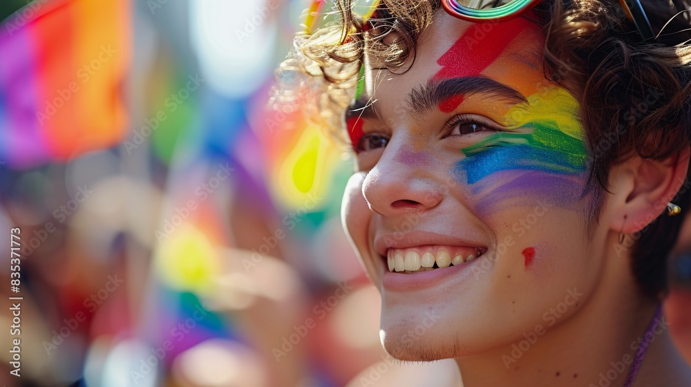Portrait of a young person with a painted rainbow face, beaming with pride, surrounded by a lively parade atmosphere and waving flags Portrait of a young person with a painted rainbow face, beaming with pride, surrounded by a lively parade atmosphere and waving flags
