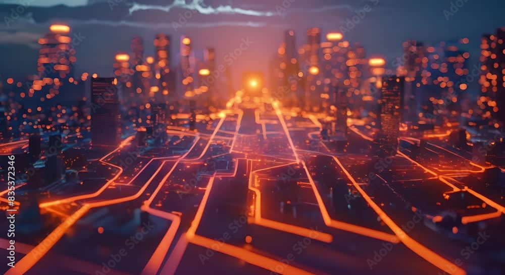 Silicon wafer with glowing circuits symbolizes AIs role in futuristic cityscape. Concept Technology, AI, Future Cities, Silicon Wafer, Glowing Circuits