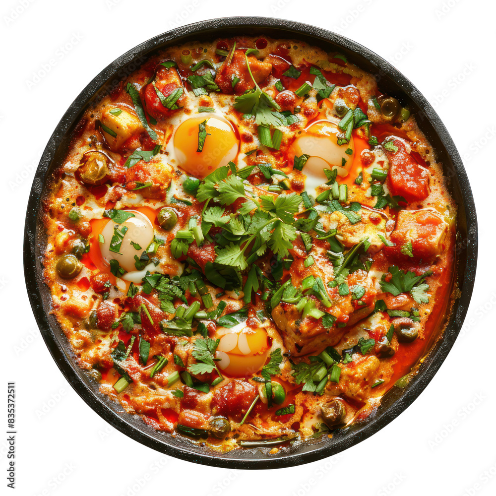 Delicious shakshuka with poached eggs, tomatoes, bell pepper, and fresh herbs in a skillet, ideal for a healthy breakfast or brunch. transparent backgrounds Delicious shakshuka with poached eggs, tomatoes, bell pepper, and fresh herbs in a skillet, ideal for a healthy breakfast or brunch. transparent backgrounds