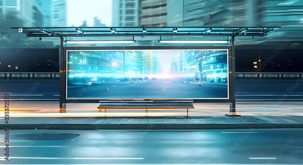 Front view of an empty commercial bus stop banner in an urban setting. Concept Urban Landscape, Public Advertising, Transportation, Commercial Promotion, City Infrastructure Front view of an empty commercial bus stop banner in an urban setting. Concept Urban Landscape, Public Advertising, Transportation, Commercial Promotion, City Infrastructure