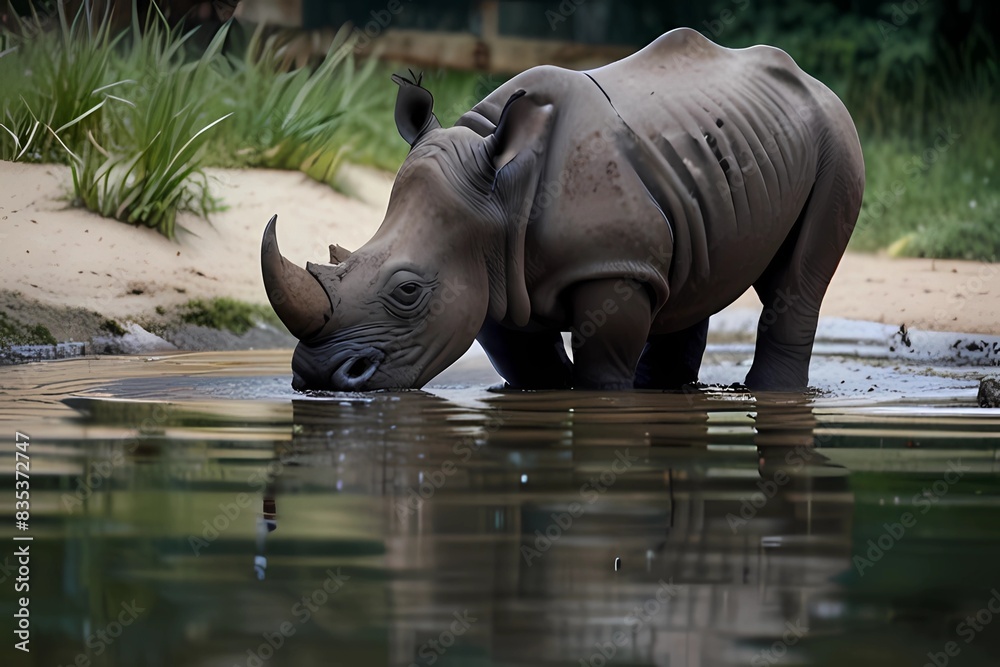 Obraz premium Mother and baby calf rhino. Mother and calf rhino walking knee dip in water. Shot was taken in Berlin Zoo