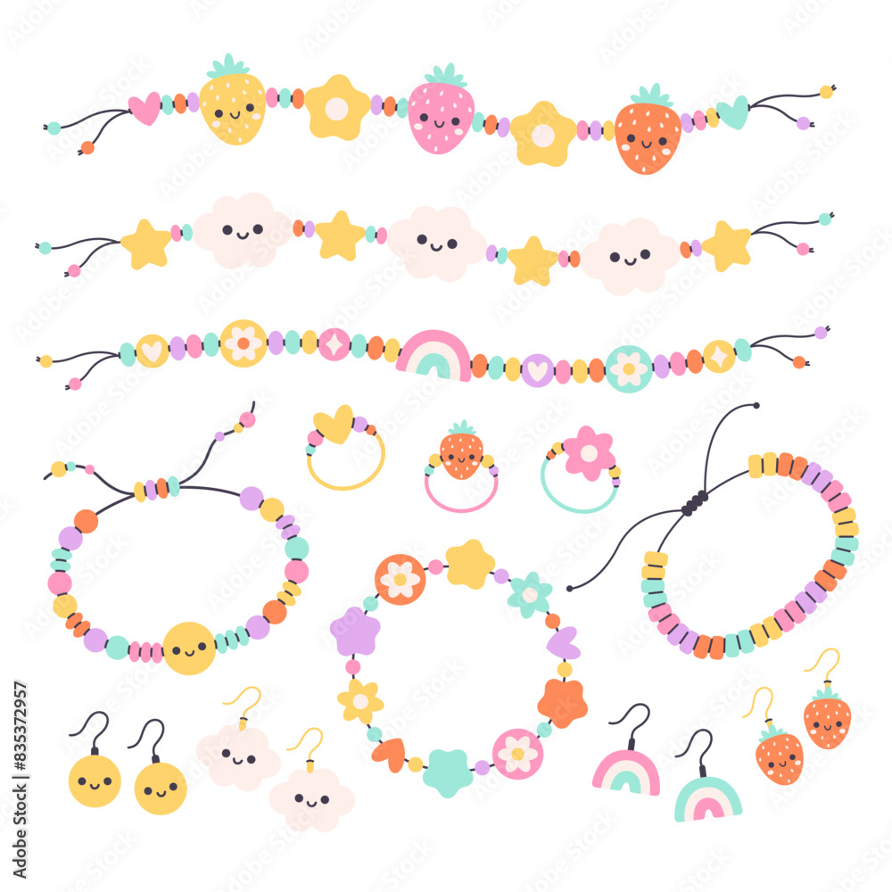 Kids jewelry set. Colorful handmade bracelets with plastic beads, letters, stars, hearts, flowers. Friendship bracelets, earrings, rings. Vector illustration in flat style