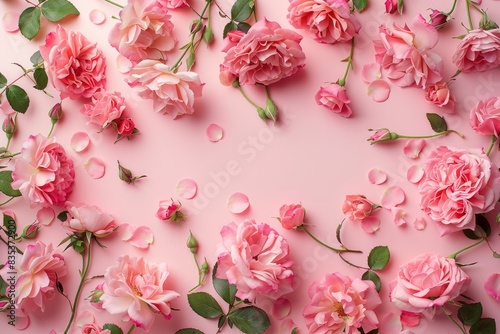 Beautiful floral background. Pink damask rose on pink background top view. Frame of delicate flowers, postcard for holiday, March 8, Mother's Day, wedding