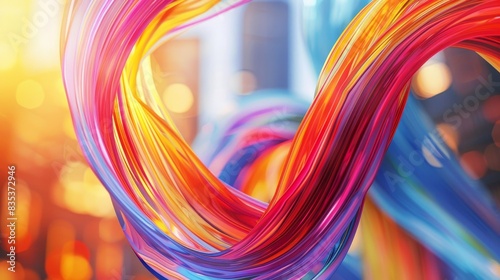 Abstract colorful lines intertwining, symbolizing unity and strength in the LGBTQ+ community (focus on, unity theme, dynamic, Overlay, cityscape backdrop)
