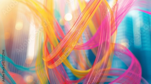 Abstract colorful lines intertwining, symbolizing unity and strength in the LGBTQ+ community (focus on, unity theme, dynamic, Overlay, cityscape backdrop)