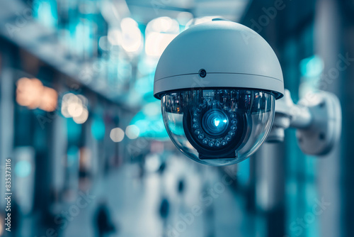 cctv camera.AI CCTV camera with facial recognition. Crowds of people walking along busy city streets. Data analysis.