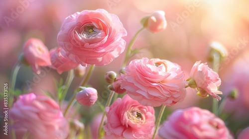 Pink delicate flowers of Asian ranunculus in a field. Beautiful floral natural background  wallpaper. Trendy flowers buttercups