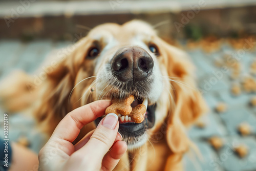 Training of dog. Close up of pet keeper holding treats over blurred background of adorable golden retriever. Excited fluffy dog waiting for favorite snack while executing sit command