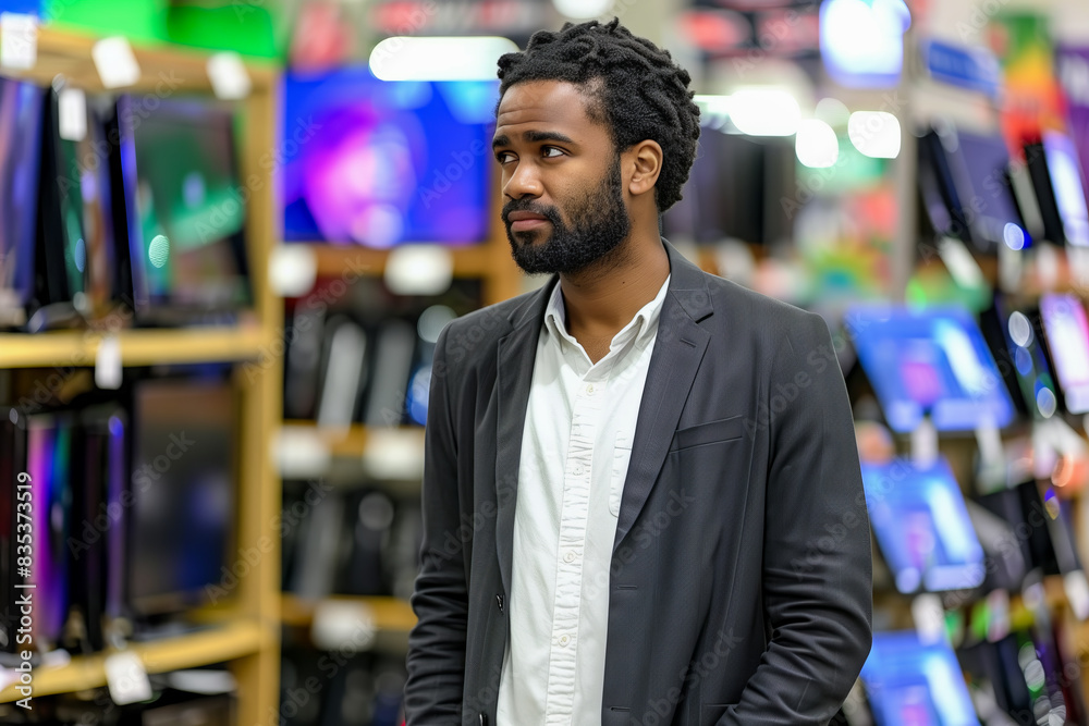 Young Multiethnic Customer Advising with Retail Home Electronics Store Salesperson. Stylish Man is Interested in Buying a Flat-Screen TV. Client Shopping for a New Television Set in Modern Shop Young Multiethnic Customer Advising with Retail Home Electronics Store Salesperson. Stylish Man is Interested in Buying a Flat-Screen TV. Client Shopping for a New Television Set in Modern Shop