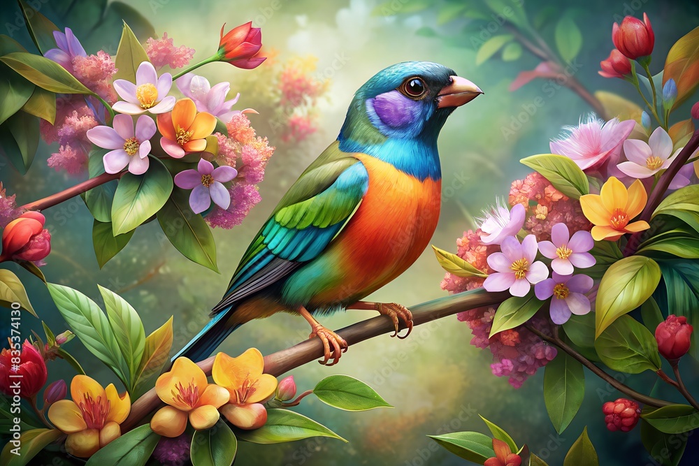  colour full bird with flowers on the branches