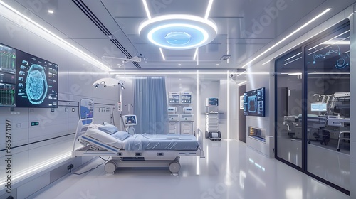  Visualize a futuristic ICU with telemedicine capabilities  allowing specialists to remotely monitor and treat patients
