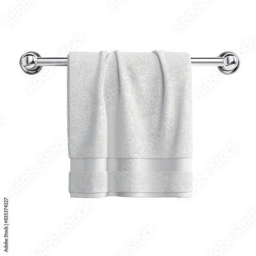 Elegant white towel neatly hung on a chrome bathroom towel rack, isolated on a white background, ideal for home decor ideas. transparent backgrounds