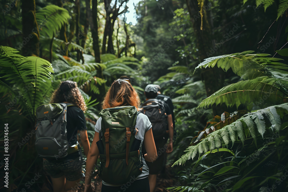 A group of friends hiking through a lush forest, capturing their adventure and camaraderie, natural light filtering through the trees A group of friends hiking through a lush forest, capturing their adventure and camaraderie, natural light filtering through the trees