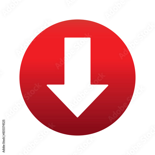Download arrow icon isolated on red round button vector illustration. Vector down arrow, flat, vector design template icon. 