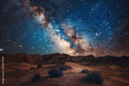 A stunning night sky full of stars and the Milky Way over a quiet desert landscape  clear and crisp details  magical and awe-inspiring