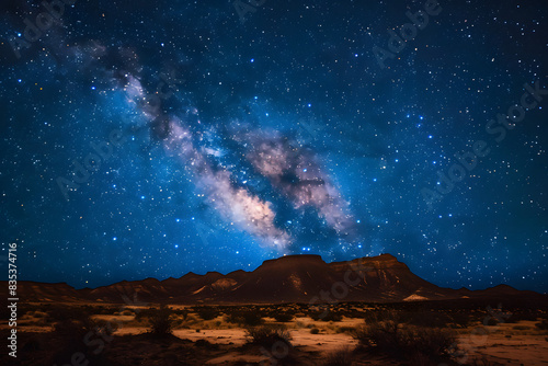 A stunning night sky full of stars and the Milky Way over a quiet desert landscape, clear and crisp details, magical and awe-inspiring