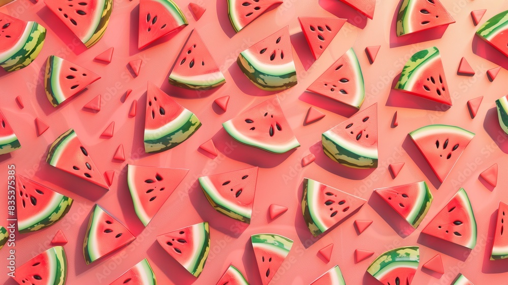 Seamless pattern with slices of watermelon with seeds lying in a chaotic order on a red background. Summer juicy watermelon background Seamless pattern with slices of watermelon with seeds lying in a chaotic order on a red background. Summer juicy watermelon background