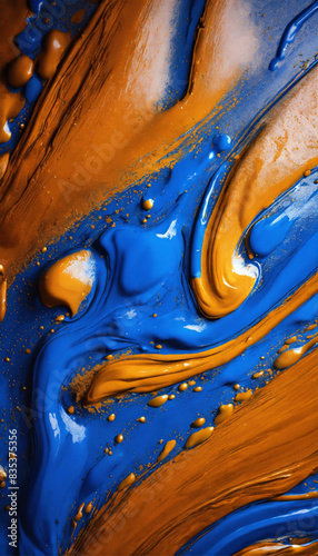 A painting of a blue and orange splash with orange and yellow colors, Mix of bright orange and blue paint
Blue oil paint strokes textured

