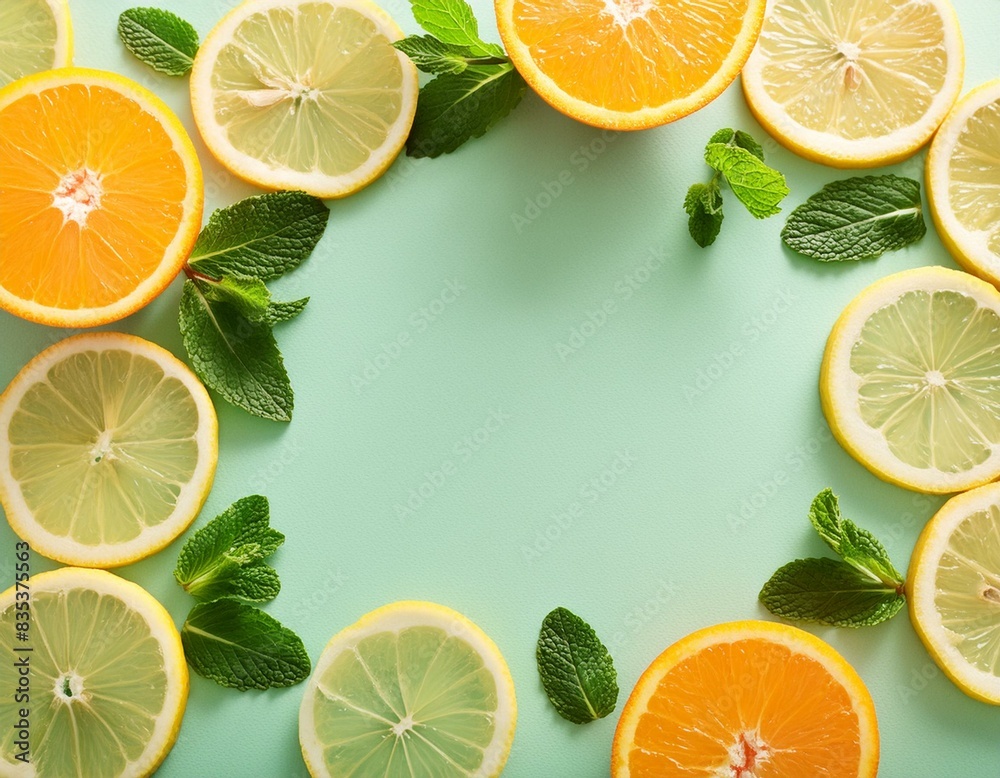 Citrus slices and mint herbs frame on retro mint pastel background with copy space from above. Top view of lemon and orange refreshment. Summer fruit smoothie minimal banner design Citrus slices and mint herbs frame on retro mint pastel background with copy space from above. Top view of lemon and orange refreshment. Summer fruit smoothie minimal banner design
