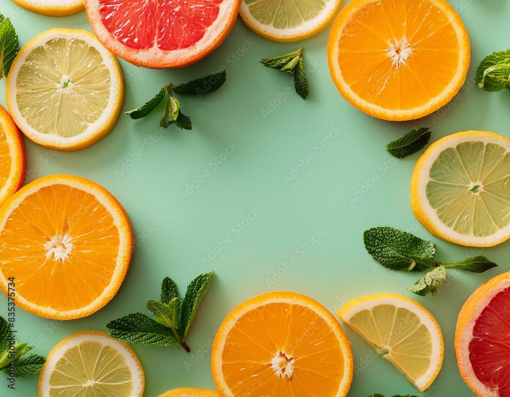 Citrus slices and mint herbs frame on retro mint pastel background with copy space from above. Top view of lemon and orange refreshment. Summer fruit smoothie minimal banner design Citrus slices and mint herbs frame on retro mint pastel background with copy space from above. Top view of lemon and orange refreshment. Summer fruit smoothie minimal banner design