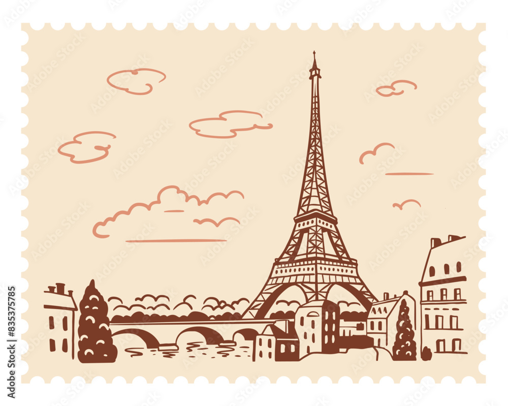 The Eiffel Tower in Paris with a postage stamp in the background of the city. Landmark of Paris. Vector linear illustration. Doodle style
