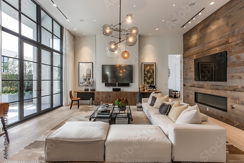 Step into the contemporary elegance of a modern American living room showcasing clean lines  a minimalist fireplace  sleek furniture  statement lighting fixtures  abstract artwork