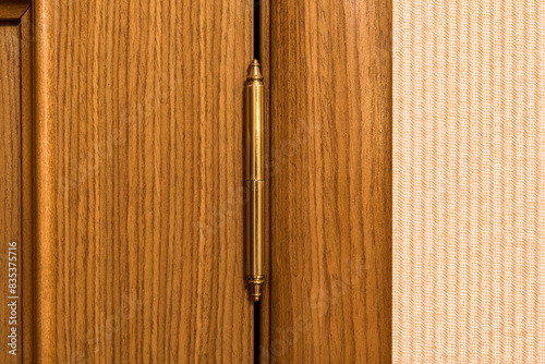 Wooden door. Entrance to the room. Apartment. Door hinge. Classic design. Close-up view.