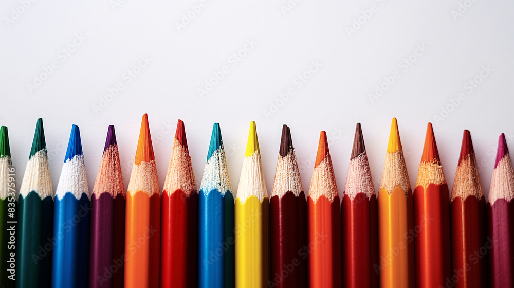 Close-Up of Colored Pencils Arranged in a Row on White Background Close-Up of Colored Pencils Arranged in a Row on White Background