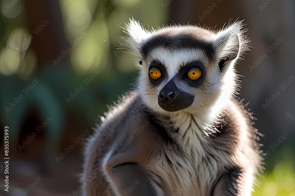 Fototapeta premium Cute Lemurs. Closeup of a Ringtailed Lemur with her baby. 