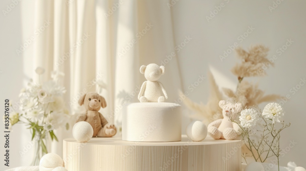 A serene nursery setting features plush animal toys and delicate white flowers arranged on a wooden table, bathed in gentle morning sunlight.