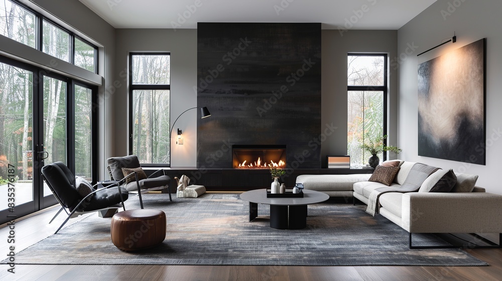 Fototapeta premium Step into the contemporary elegance of a modern American living room showcasing clean lines, a minimalist fireplace, sleek furniture, statement lighting fixtures, abstract artwork