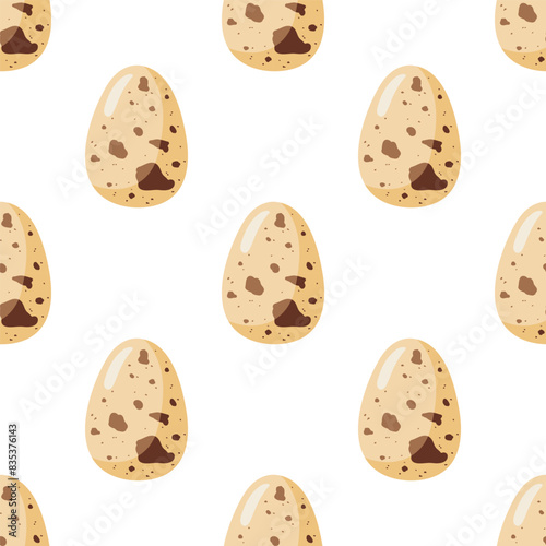 Seamless Quail eggs pattern. Eggs food, breakfast. Natural healthy food protein cooking ingredient. Repeated Flat design for menu, wallpaper, wrapping, packing, textile, scrapbooking. Spotted eggshell