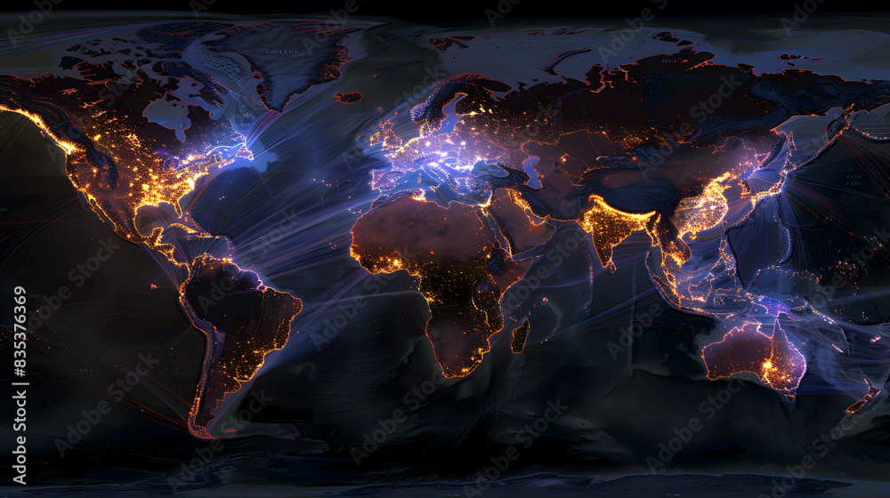 Undersea cable network map visualizing global internet traffic flows 