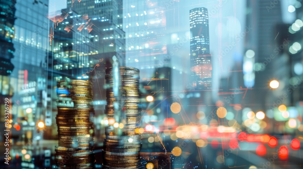 Abstract cityscape with double exposure of coins. Abstract cityscape with double exposure of coins.