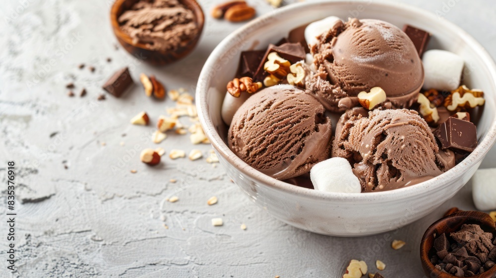 choco ice cream, marsmallow, and nuts. front view. copy space. national rocky road day choco ice cream, marsmallow, and nuts. front view. copy space. national rocky road day