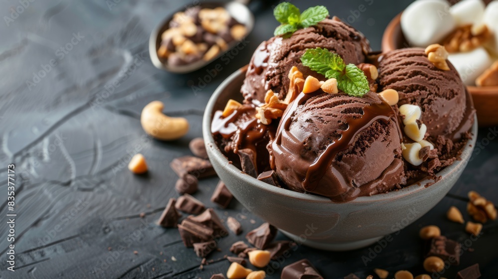 choco ice cream, marsmallow, and nuts. front view. copy space. national rocky road day choco ice cream, marsmallow, and nuts. front view. copy space. national rocky road day