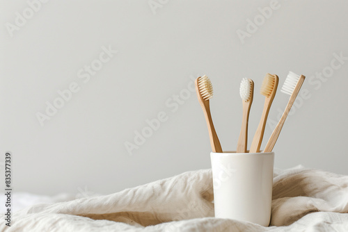 Four Toothbrushes in a Cup on a Bed