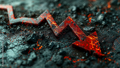 red arrow made of lava pointing down on the ground with cracks serving as indicator of stock market crash.