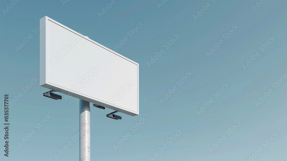Presenting a versatile 3D mockup featuring an empty white square billboard attached to a city pole against a clear blue sky background Presenting a versatile 3D mockup featuring an empty white square billboard attached to a city pole against a clear blue sky background