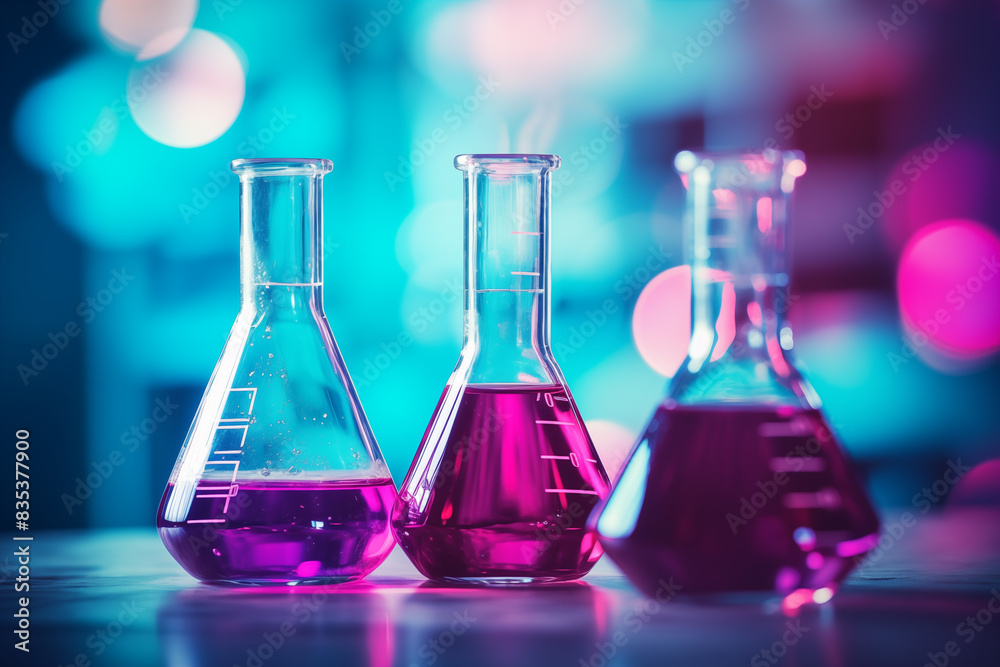 Beakers and test tubes of glassware with liquid against magenta turquoise background Beakers and test tubes of glassware with liquid against magenta turquoise background
